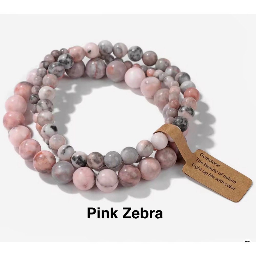 Pink Zebra Jasper Beaded Stretch Bracelet Set Natural Gemstone‎ Stackable 3pc
